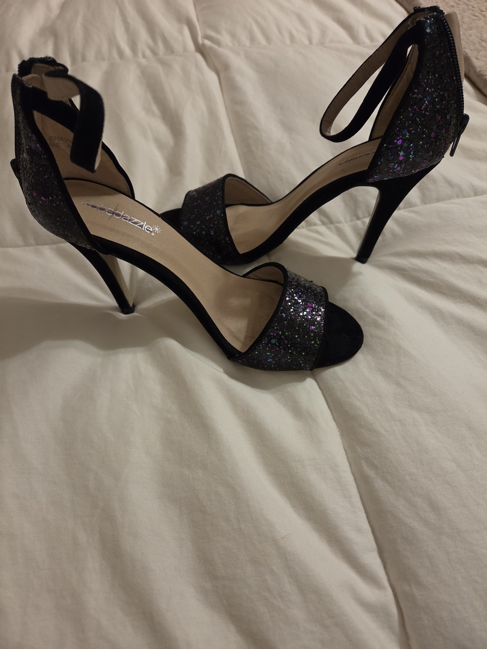 Stretch Dazzle Black Glitter Ankle-Strap High Heel Sandals
